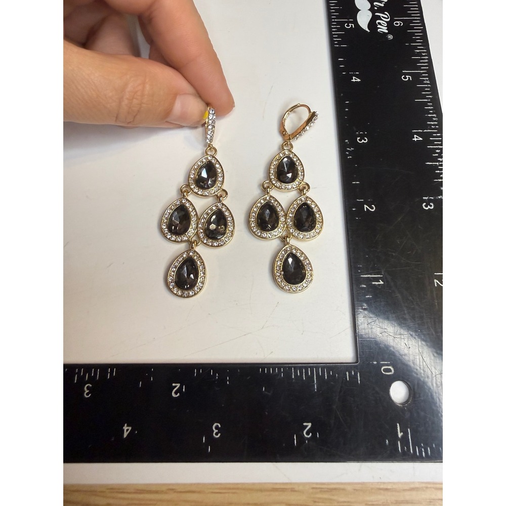 Gold Tone Smoky Grey Teardrop Chandelier Earrings Rhinestone Halo Lever Back